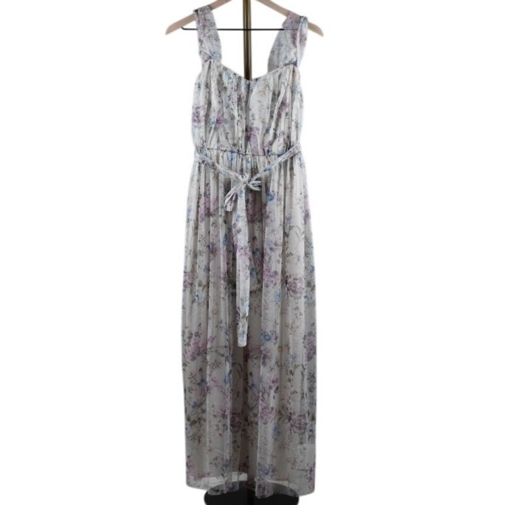 Candalite Floral Mesh Glitter Maxi Dress Purple Blue Square Neck Size M NEW